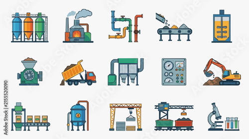 Modern Industrial Equipment and Machinery Showcasing Diverse Factory and Mining Processes in Colorful Style