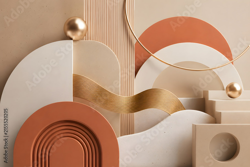 Sophisticated geometric composition combines terracotta, cream, beige, and gold forms with arches, circles, lines, and layered architectural elements.