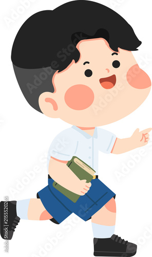 Cheerful cartoon of a Thai primary student in uniform running with a book. High-energy, bright illustration perfect for educational media and back-to-school designs.