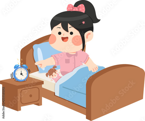 A cute cartoon illustration of a cheerful little girl waking up in her cozy bed and reaching out to turn off a ringing alarm clock. Bright morning atmosphere, perfect for children's lifestyle and dail