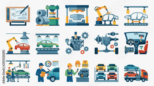 Modern Illustrated Guide to Automobile Manufacturing and Auto Repair Process with Colorful Vehicles and Tools