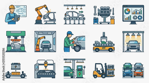 Sleek Illustrated Guide to Modern Automobile Manufacturing and Service Processes with Robotic and Human Collaboration