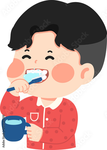 A cute character of a little boy in red polka-dot pajamas happily brushing his teeth with a blue toothbrush and water mug. This flat design is ideal for dental health education and morning routine con