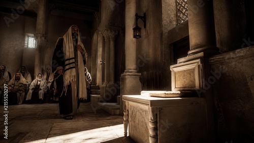 Bearded biblical teacher addressing Pharisees inside an ancient synagogue. Dramatic scene illustrating moral teaching, religious hypocrisy, spiritual judgment, and the Gospel of Luke.