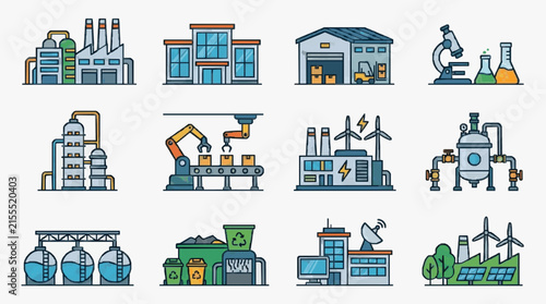 Creative Colorful Illustrated Icons Set Featuring Industrial Buildings Labs Factories Renewable Energy and Tech Offices