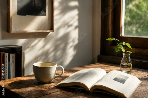 Warm sunlight fills a rustic reading space with an open book, coffee cup, wooden table, and fresh green plant beside a window.