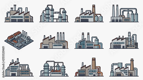 Elegant Collection of Isometric Industrial Factory Illustrations with Pipes Chimneys and Buildings in Gray Blue and Brown