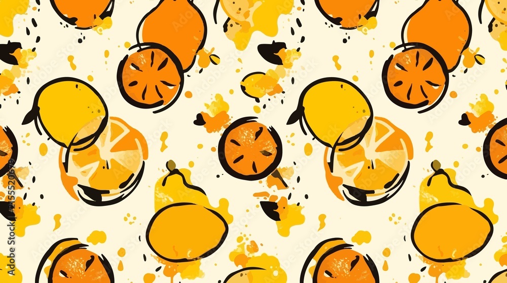 Vibrant  illustration of an orange juice pattern design element featuring stylized and interlocking shapes of oranges and juice splatters