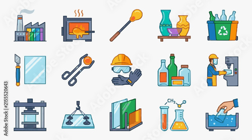 Modern Illustrated Icons of Industrial Chemistry Manufacturing and Laboratory Processes with Colorful Equipment