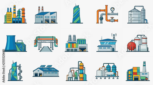 Sleek Colorful Illustrations of Diverse Industrial Facilities and Machinery with Modern Designs