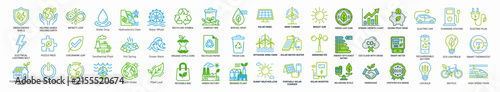 ecology and green energy icon set featuring environmental sustainability, recycling, solar power, and eco-friendly nature vector illustrations