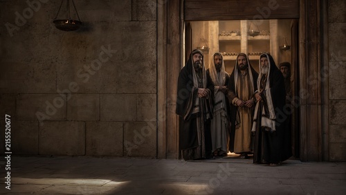 Biblical scene depicting Pharisees and religious teachers gathered at a temple doorway, symbolizing hypocrisy, judgment, spiritual authority, and opposition to Jesus in ancient Jerusalem