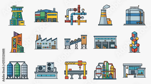 Minimalist Colorful Illustrations of Various Industrial Buildings and Machinery for Modern Design Projects