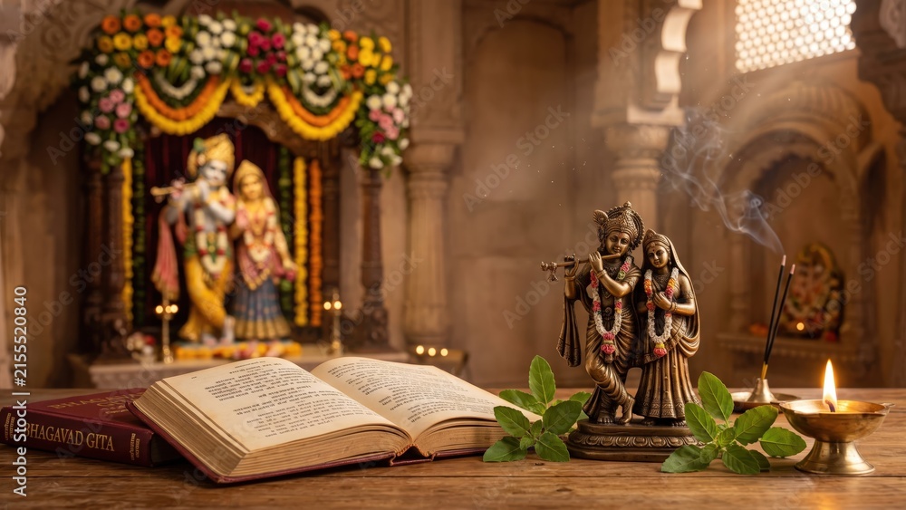 Fototapeta premium Radha Krishna and Bhagavad Gita – Sacred Hindu Devotion in Temple
