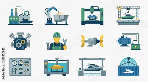 Minimalist Illustrated Icons of Marine and Industrial Machinery Engines and Shipbuilding Processes