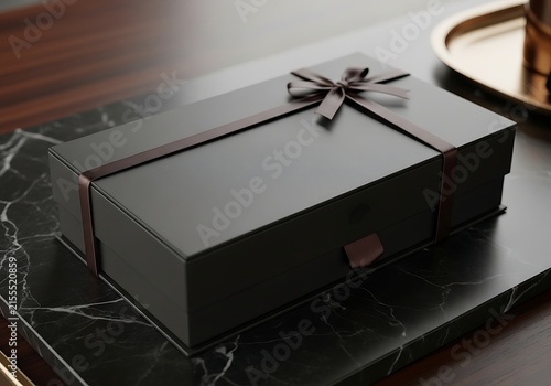 Elegant black gift box with a matching ribbon bow sitting on a modern dark reflective surface table
