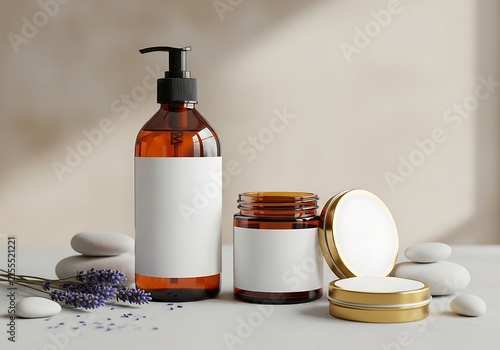 Amber glass cosmetic pump bottle and cream jar with blank labels and lavender flowers on stone surface