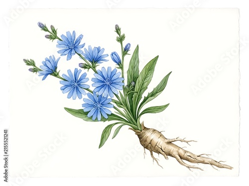 Chicory Plant (Cichorium intybus) Botanical Illustration with Blue Flowers and Taproot