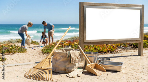 Blank display board at beach and volunteers collecting waste with ecofriendly reusable cleaning tools