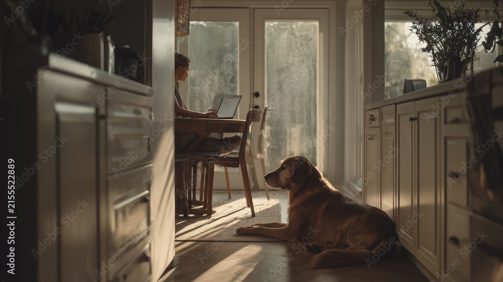 Fototapeta premium Woman working on laptop at kitchen table while golden retriever rests on floor in warm sunlight.