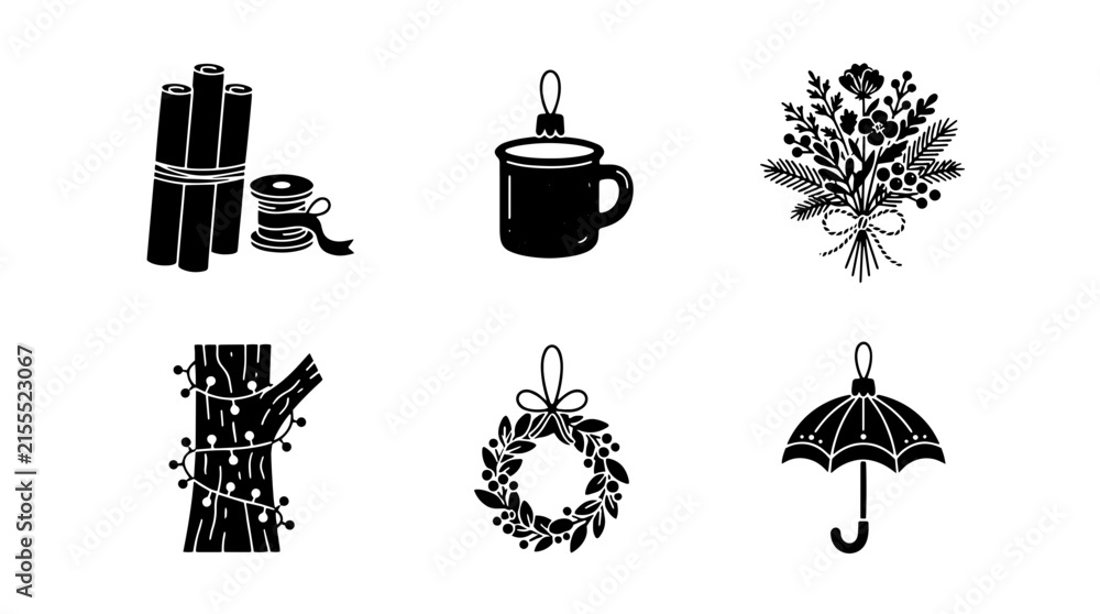 Fototapeta premium Set of black and white seasonal icons featuring winter holiday ornaments, festive wreath, cozy mug, and decorative floral bouquet for graphic design projects isolated on transparent background