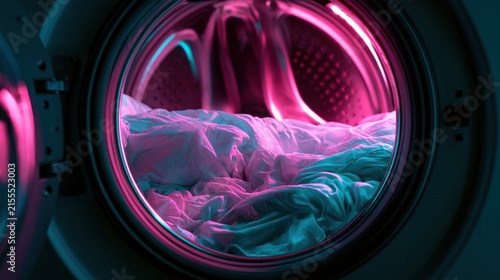 Washing machine drum filled with crumpled white laundry illuminated by pink and turquoise neon lights