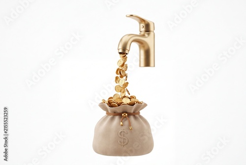 Gold coins pouring from a modern faucet into a money bag