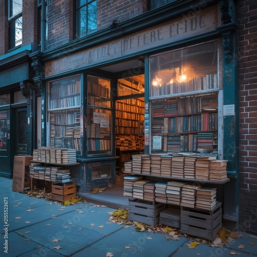Cozy Used Bookshop Facade Filled with Stacked Books Under Warm Light