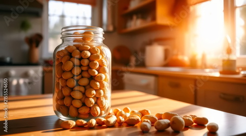 Peanuts in a glass jar on the kitchen table in the morning