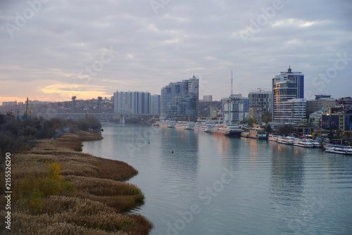 View of the embankment and the ships at the pier. Rostov on Don, sunset.