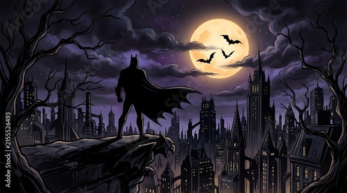 A dark knight watches over gotham city on halloween night as bats fly against a full moon