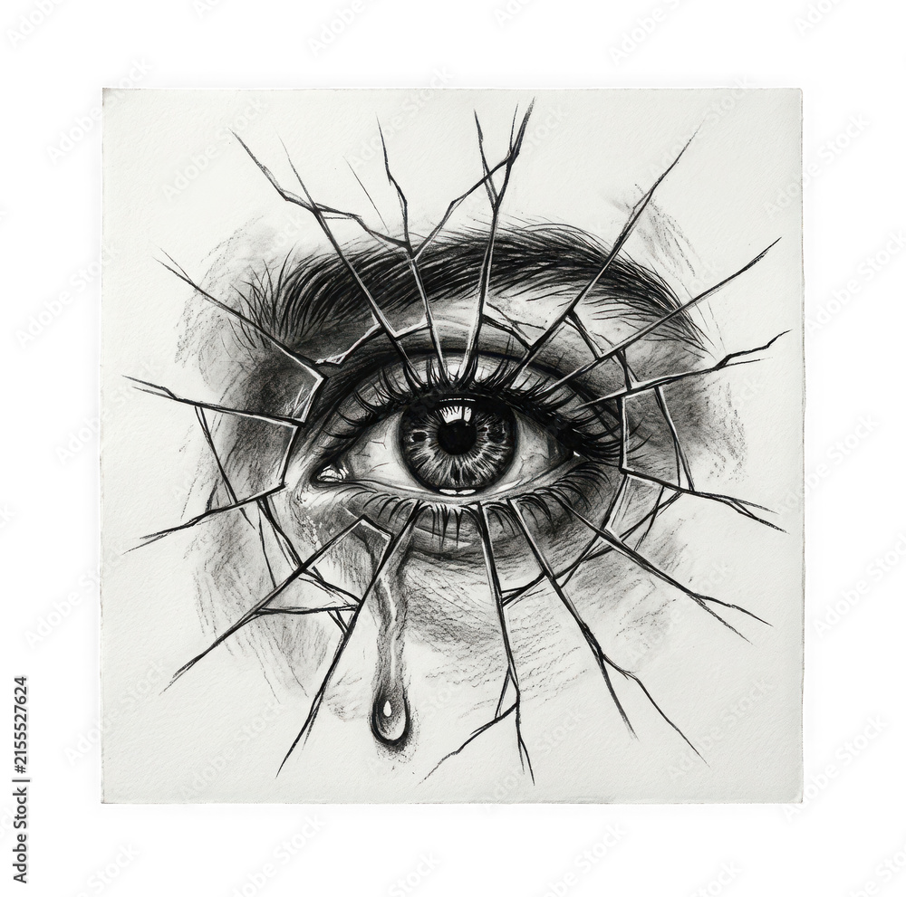 Obraz premium Charcoal drawing of a human eye behind cracked glass with a single tear drop isolated on transparent background