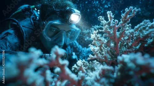 Underwater scuba diver exploring coral reef with headlamp, deep sea marine biologist researching ocean life, dark blue aquatic environment