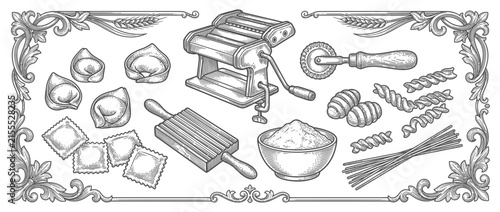 Hand-drawn pasta making tools and ingredients, isolated