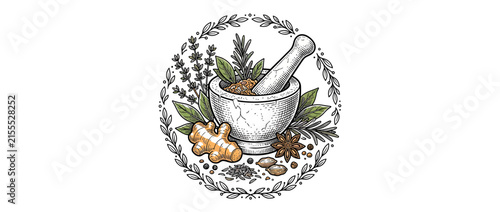 Herbal medicine preparation with mortar and pestle illustration