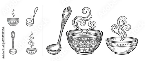 Hand-drawn soup bowls with steam and ladles, isolated