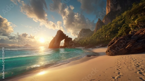 Tropical beach sunset with natural rock arch, exotic coastal landscape at golden hour, turquoise ocean waves on sandy shore