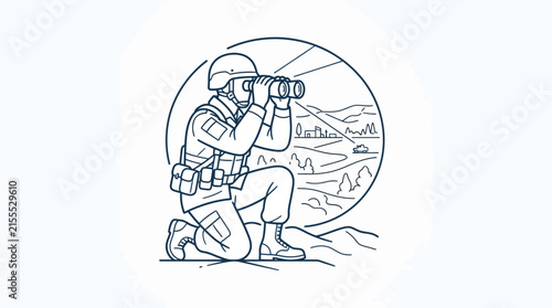 Soldier with binoculars observing landscape, tactical mission, reconnaissance