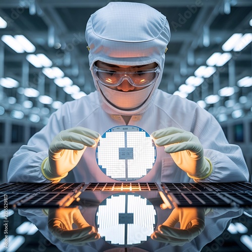 Engineer Inspecting Semiconductor Wafer Precision in Cleanroom