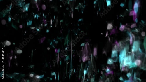 Falling Blurred Cyan And Purple Particles Against Dark Black Background
Out-of-focus cyan, purple, and white particles or bokeh shapes fall vertically against a solid black background