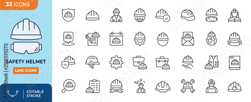 Safety Helmet Line Icons Set Vector Illustration for Construction Protection Hard Hat Industrial Safety Worker Equipment Engineering and Site Security