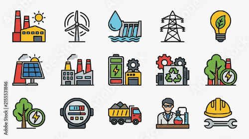 Industrial Energy and Environmental Icons Set Colorful Illustrations of Power Plants Renewable Energy Recycling Mining and Technical Professions