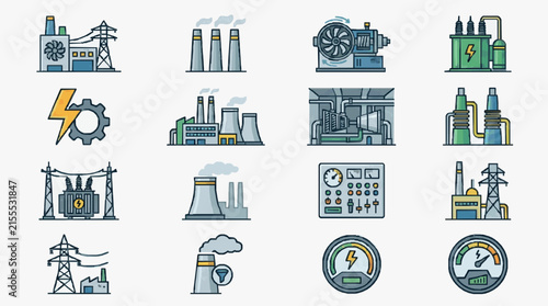 Elegant Colorful Illustrations of Power Generation and Electrical Infrastructure Equipment Set with high quality professional line art symbols for modern creative design and digital branding projects