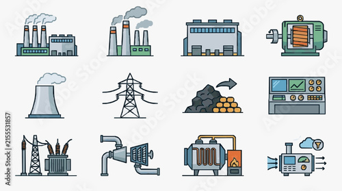 Creative Illustrated Set of Energy Production and Industrial Equipment Icons with Minimalist Design