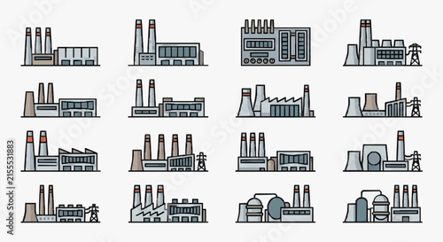 Clean Line Drawing Set of Various Industrial Factory Buildings with Chimneys and Equipment in Monochrome