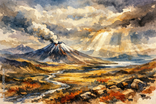 Watercolor landscape showing snowcapped volcano emitting smoke under moody sky with sun rays breaking through clouds. River winds through golden valley with autumn foliage rocky foreground