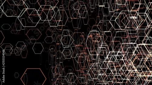 Dense Overlapping Orange And White Wireframe Hexagon Grid On Black
A dense, chaotic pattern of overlapping wireframe hexagons in glowing orange and white fills the frame against a black background.