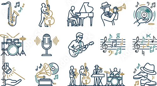 Canvas Print Jazz Music Icons Set Saxophone Trumpet Guitar Piano Drums Bass Vinyl Record Micr