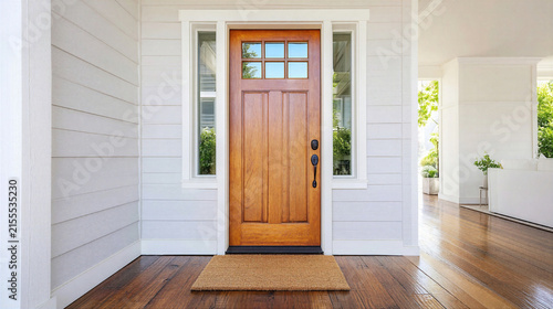 Wooden front door with glass panels and doormat on porch with white siding
