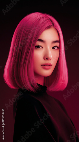 Young woman with vibrant pink hair and smooth skin wearing black top, confident expression